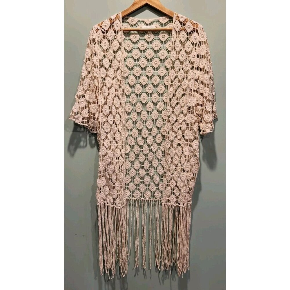 Rebellion Again Beige Open Knit Short Sleeve Boho Fringed Cardigan Sz L